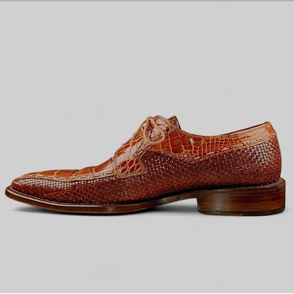 David Eden Leather Dress Shoes 10 Brown Cognac Embossed Croc Print Oxfords Spain - Picture 4 of 13